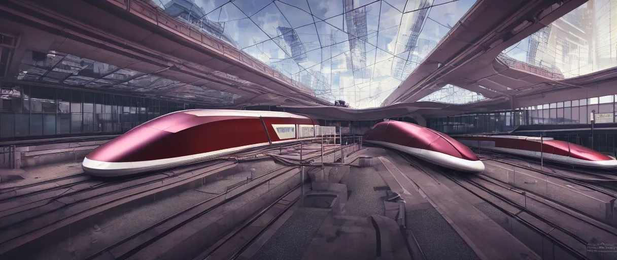 Prompt: futuristic city center maglev train station, modern landscape architectural design for industrialpunk concrete and glass, maroon metallic accents, gorgeous lighting, golden hour, cyberpunk, 2077, dramatic lighting and composition, high detail digital art 5, 8k