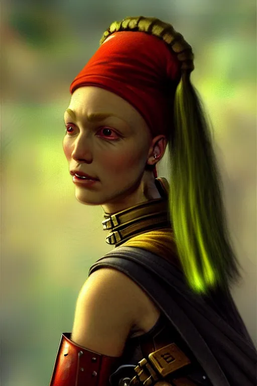 Image similar to character portrait cyberpunk warhammer 4 0 k, warrior marine the girl with the pearl earring character design, painting by gaston bussiere, katsuya terada, frank frazetta, tom of finland, trending on artstation