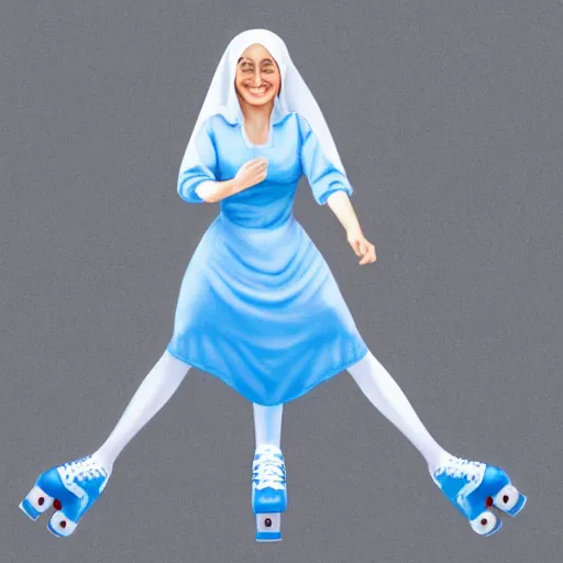 Image similar to blonde nun in blue clothes on roller skates, photorealistic