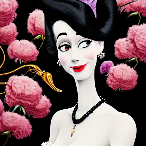 Image similar to portrait of an absurdly graceful, elegant, slender, sophisticated woman wearing black victorian dress, covered in flowers, by dr seuss, tex avery, intricate, beautiful, artstation 8 k