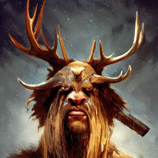 Image similar to hairy barbarian wearing moose head by greg rutkowski