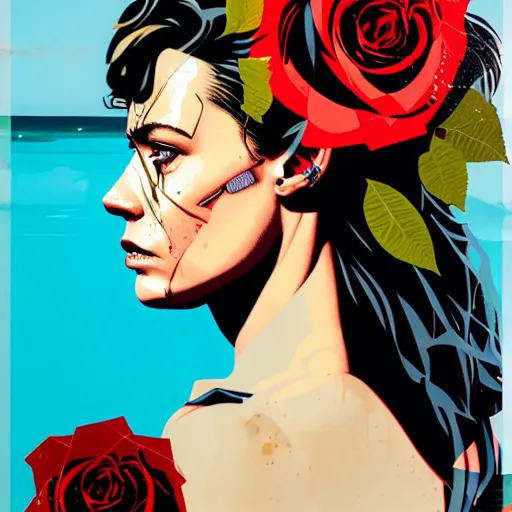 Image similar to portrait of british woman :: side profile :: in ocean :: roses and guns metal details :: gold :: blood and horror :: by marvel and Sandra Chevrier