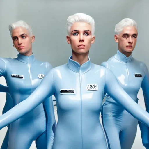 Image similar to troop of identical athletic humans with white hair wearing tight light blue latex suits, in formation, futuristic chemistry lab, sci - fi, highly detailed, hyperrealistic