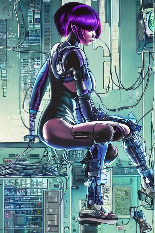 Prompt: hypedetailed cyberpunk illustration of motoko kusanagi seated in the lab, with wires and cables coming out of her head and back, by masamune shirow and katsuhiro otomo, colorful, detailed, back view