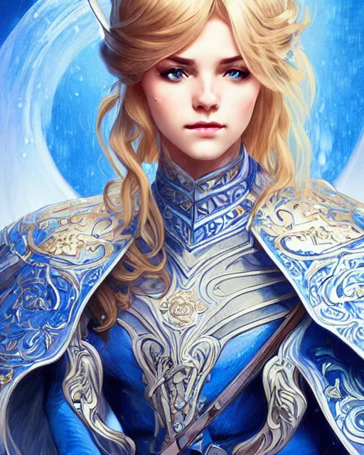 Prompt: movie poster of young blonde girl in blue and white armor, high fantasy, intricate detail, digital painting, artstation, concept art, smooth, sharp focus, illustration, art by Fernanda Suarez and Artem Demura and alphonse mucha