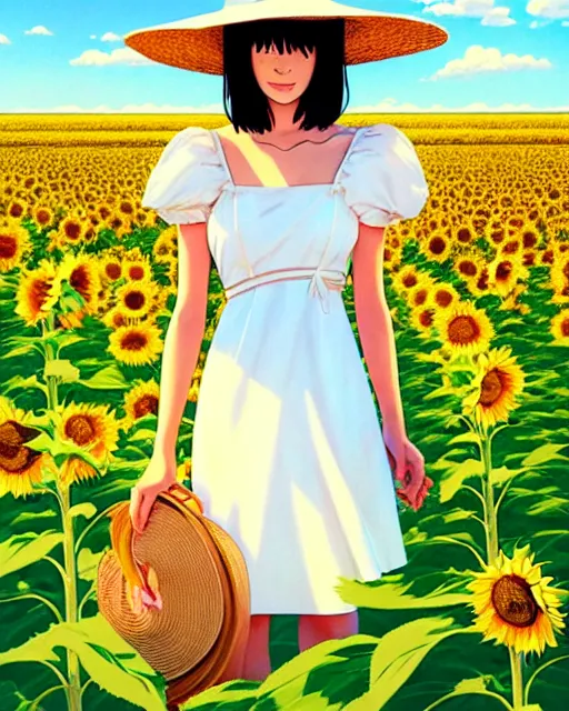 Image similar to a girl in a white dress and a straw hat walks in the sunflower field | | fine - face, audrey plaza, realistic shaded perfect face, fine details. anime. realistic shaded lighting poster by ilya kuvshinov katsuhiro otomo ghost - in - the - shell, magali villeneuve, artgerm, jeremy lipkin and michael garmash and rob rey