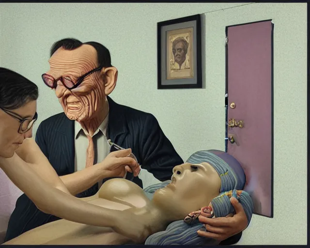 Image similar to the famous snake oil salesman Uncle Aloysius curing a patient of the pink wojacity, painting by Grant Wood, 3D rendering by Beeple, sketch by R. Crumb