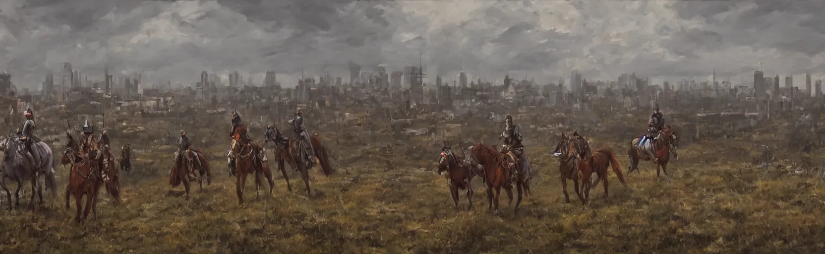 Prompt: horseback knights at scenic overlook; cloudy, grey skies, tent camp in foreground, fortress city of deteriorating office buildings in background upon hill, post apocalyptic, grungy; oil on canvas, artstation