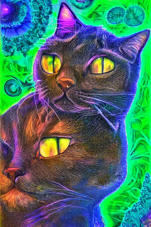 Prompt: portrait of a cat inside a light bulb, modern fine art, dreamscape, intricate, elegant, subsurface scattering, highly detailed, pop art painting, organic acrylic flow art, psychedelic fractal art, acrylic art, watercolor, featured on deviantart, cgsociety