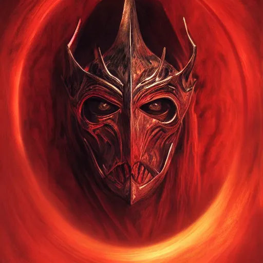 Image similar to the witch-king of angmar, portrait standing in a blood red pool of water between a golden mirror frame, outside is space and inside the mirror frame is a beautiful landscape., physically accurate, dynamic lighting, intricate, elegant, highly detailed, very very Roberto Ferri, sharp focus, illustration, art