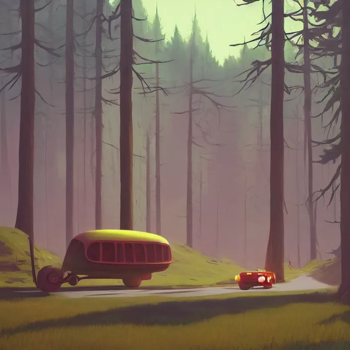 Image similar to fat alien on wheels rolling through the forest, highly detailed, Edward Hopper and James Gilleard, Simon Stalenhag