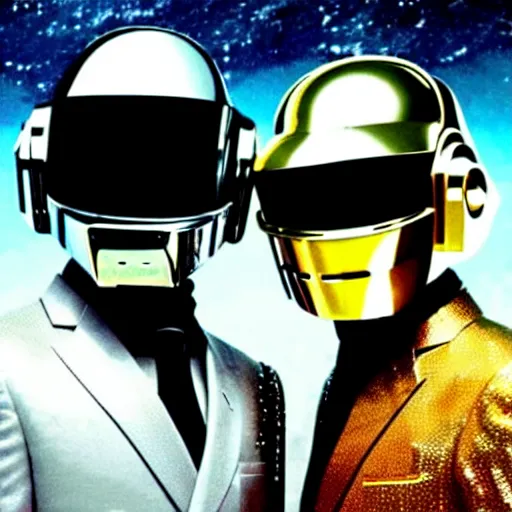 Prompt: Daft Punk duo near each other standing above a spaceship in space, realistic, high quality