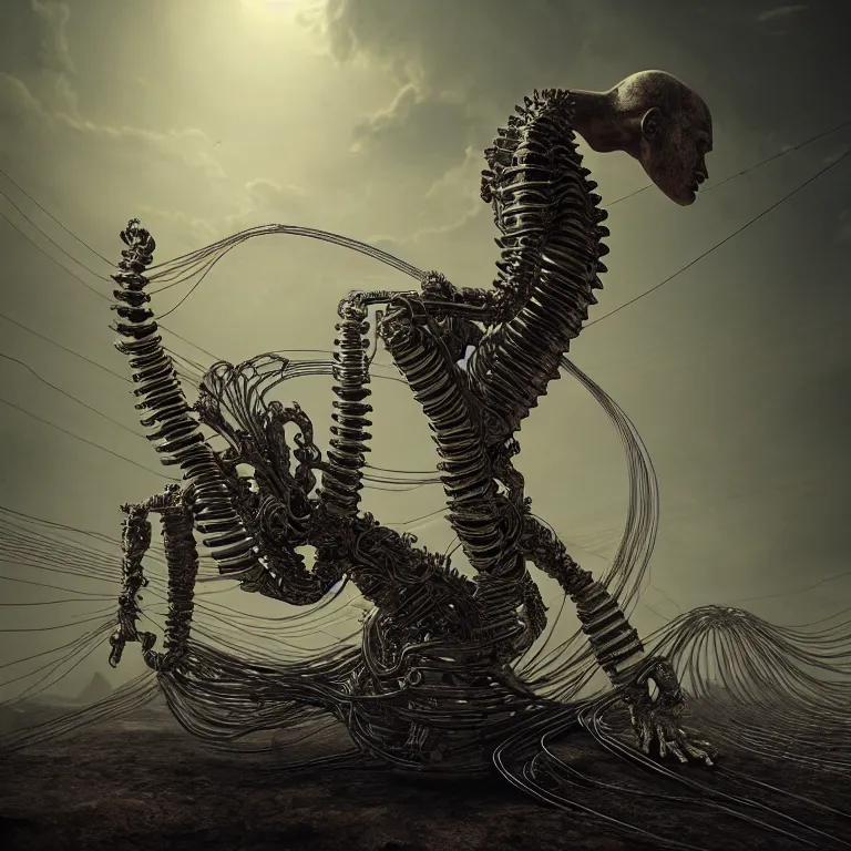 Image similar to surreal greek spine spinal statue covered with wires, surreal abandoned buildings, dream-like heavy atmosphere, baroque painting, beautiful detailed intricate insanely detailed octane render trending on Artstation, 8K artistic photography, photorealistic, dramatic volumetric cinematic light, chiaroscuro, Raphael, Caravaggio, Beksinski, Giger