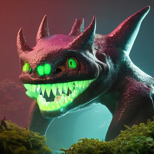 Image similar to realistic bioluminescent toothless on a dream biome, detailed, studio shot, unreal engine 5, octane, high definition, smooth, artstation, behance