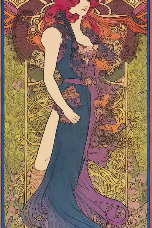 Prompt: full length painting of princess - peach!!!!!!! art nouveau, tarot card by mucha, gaudy colors, sharp edges, intricate line - work.