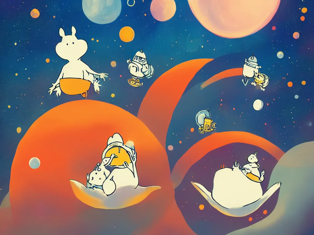 Image similar to the moomins in space, looking cute, illustration, warm colors, fluffy, cozy, hyperrealistic, low light, volumetric light, smooth, trending on artstation