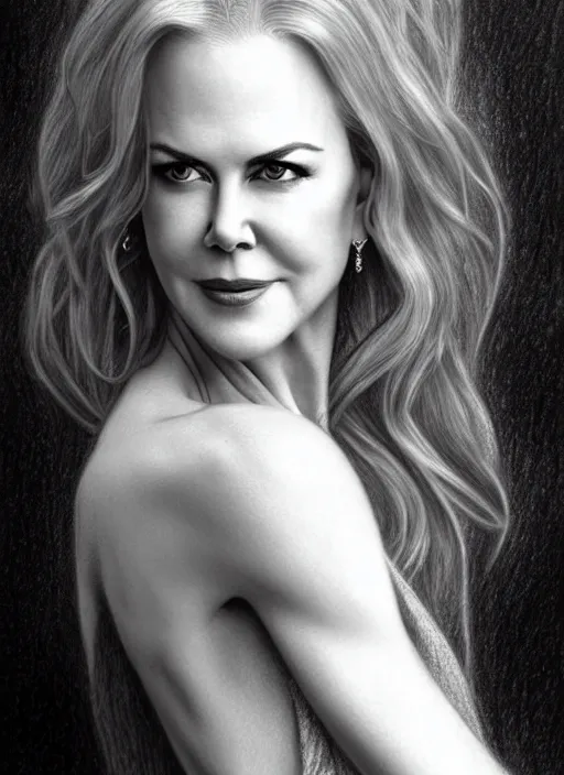 Prompt: a pencil drawing portrait of nicole kidman, in a dress, jewelry, greek, intricate, headshot, highly detailed, drawn with pencil, black and white, artstation, concept art, sharp focus, cinematic lighting, illustration, art by artgerm and greg rutkowski, alphonse mucha, cgsociety