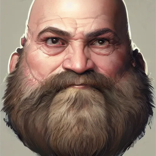 Image similar to Three quarters portrait of a bald male steampunk dwarf with long brown beard, highly detailed, digital painting, art by Stanley Lau and Artgerm and magali villeneuve and Alphonse Mucha, artstation, octane render, cgsociety