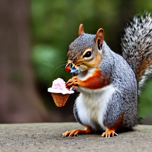 Prompt: A fat squirrel eating icecream