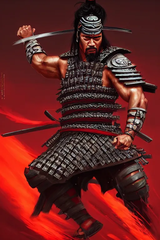 Image similar to roman reigns as a muscular ronin samurai, wearing a haori, by wlop and peter mohrbacher, dramatic action pose, extremely detailed shading, concept art, digital painting, trending on artstation, unreal engine 5, octane render, atmosphere, glow, cinematic lighting, full of color