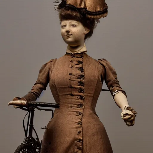 Image similar to close up portrait of a life size victorian female automaton standing in with a bicycle, 8 k, soft lighting, highly detailed realistic, face in focus 1 8 9 0's liminal