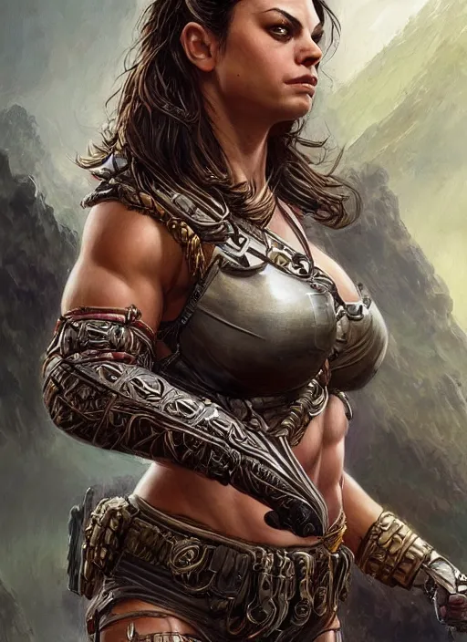 Image similar to Mila Kunis as a very muscled rugged looking Amazon, intricate, elegant, highly detailed, centered, digital painting, artstation, concept art, smooth, sharp focus, illustration, art by artgerm and donato giancola and Joseph Christian Leyendecker, WLOP