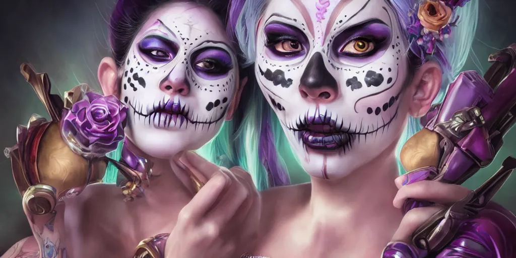 Image similar to uhd portrait photography mirror of jinx from league of legends with her face painted as in the dia de los muertos, coherent portraits, mmorpg fantasy, intricate, elegant, highly detailed, digital painting, trending on artstation, hdr photo, smooth, sharp focus, illustration, art by artgerm and greg rutkowski and alphonse mucha