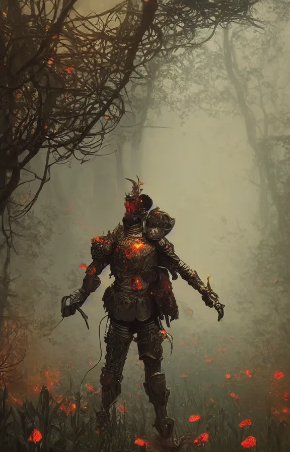 Image similar to a knight among flowers in dark forest surrounded by fire and smoke, moody, rim light, dynamic lighting, cinematic shot, gritty, ultra - detail, renderman, physically based render, jean delville, gustave dore and marco mazzoni