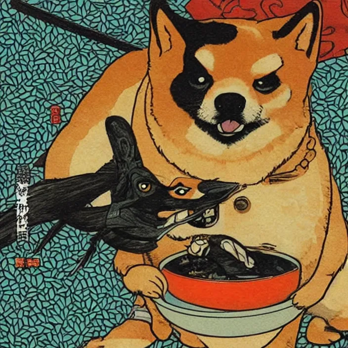 Prompt: comic book artwork of a shiba inu samurai eating a bowl of rice