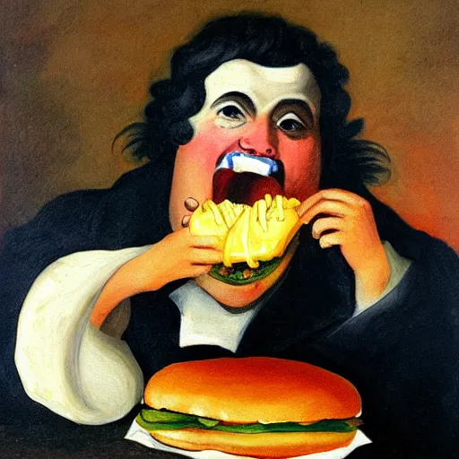 Prompt: painting of a sad man devouring cheeseburger in the style of francisco goya