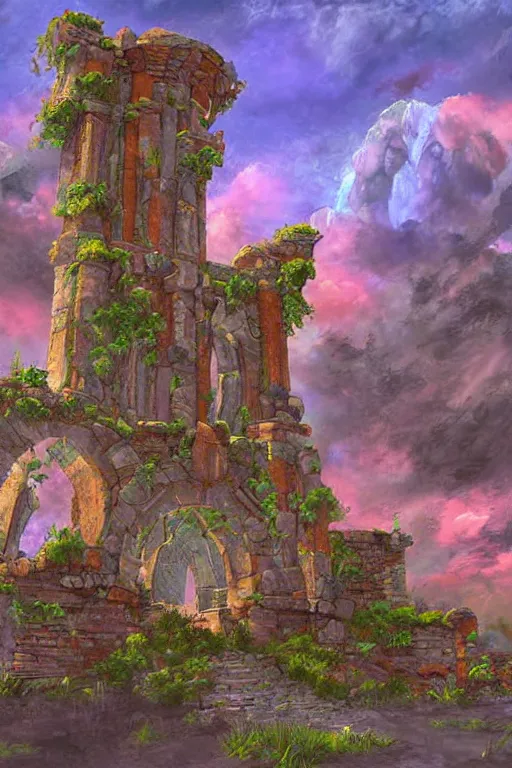 Image similar to digital painting detailed Old Ruins stone candy sky from warcraft by James gurney