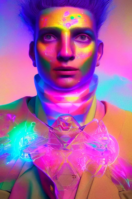 Image similar to portrait of a hyperdimensional jester, neon rainbow quartz, 4k detailed hyperrealistic digital photo by Beeple, Gustave Dore, Artstation, CGsociety