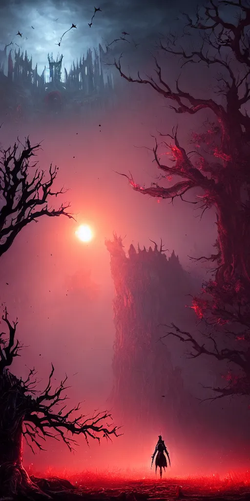 Image similar to abandoned bloodborne old valley with a person at the centre and a monster at the end of the valley, trees and stars in the background, falling petals, epic red - orange sunlight, perfect lightning, illustration by niko delort, 4 k, ultra realistic