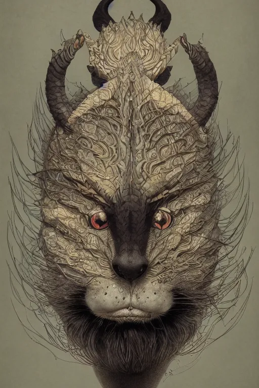 Image similar to a portrait of a symmetrical japanese devil animal illustrated by miyazaki by karol bak, james jean, tom bagshaw, rococo, sharp focus, trending on artstation, cinematic lighting, hyper realism, octane render, 8 k, hyper detailed, vivid, ultra detailed, highly detailed