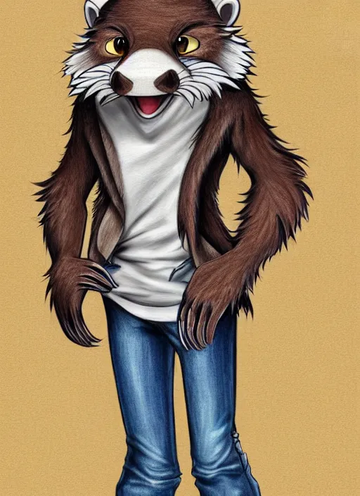 Image similar to expressive stylized master furry artist digital colored pencil painting full body portrait character study of the otter ( sergal ) small head big eyes toon fursona animal person wearing clothes jacket and jeans by master furry artist blotch