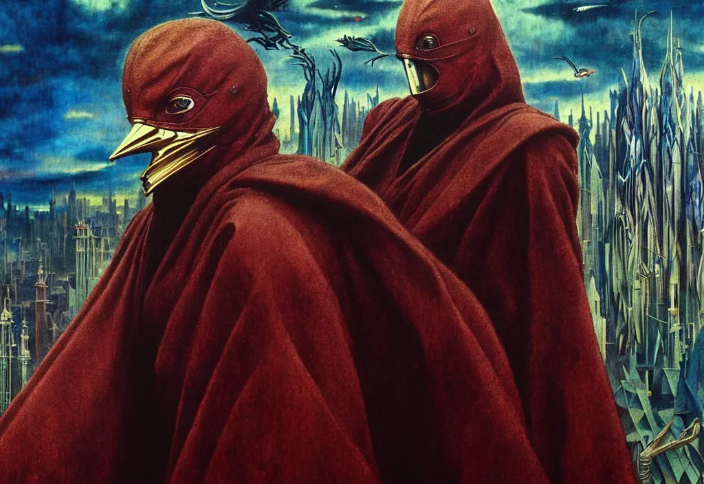 Image similar to realistic detailed portrait movie still of a birdman wearing dark robes, sci fi city landscape background by denis villeneuve, amano, yves tanguy, alphonse mucha, ernst haeckel, max ernst, ridley scott, roger dean, masterpiece, rich moody colours, cinematic, snarling dog teeth