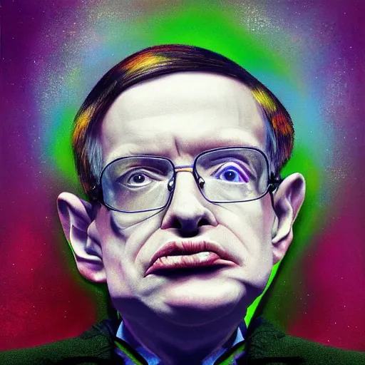 Prompt: A surreal, beautiful painting of Stephen Hawking on Acid, on his wheelchair, floating into the abyss, in the style of Fewocious, hyper realistic, trending on Artstation