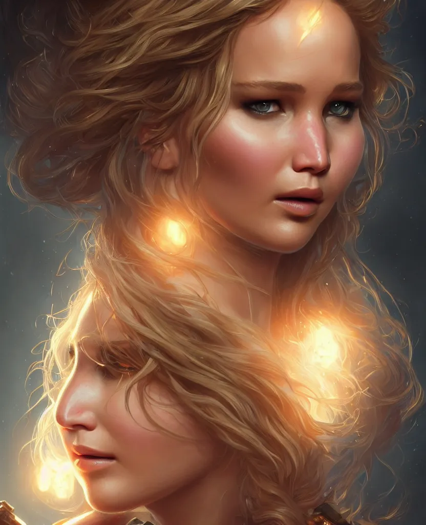 Image similar to Jennifer Lawrence, closeup, D&D, fantasy, intricate, elegant, highly detailed, digital painting, artstation, concept art, matte, sharp focus, illustration, hearthstone, art by Artgerm and Greg Rutkowski and Alphonse Mucha