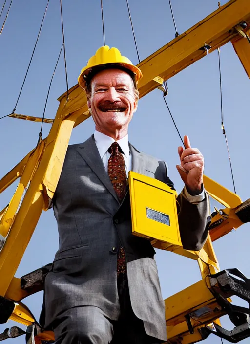 Image similar to closeup portrait of cheerful bryan cranston with crane arms, construction, yellow hardhat, sitting in a crane, natural light, bloom, detailed face, magazine, press, photo, steve mccurry, david lazar, canon, nikon, focus