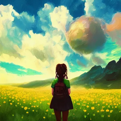 Image similar to giant daisy flower head, girl hiking in the mountains, surreal photography, sunrise, dramatic light, impressionist painting, colorful clouds, digital painting, artstation, simon stalenhag