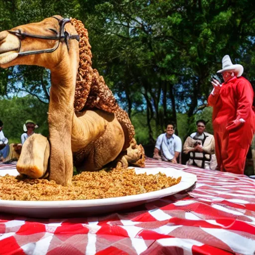 Image similar to wide shot of a whole roast camel served on a giant plate in front of a group of different sized clowns at a picnic