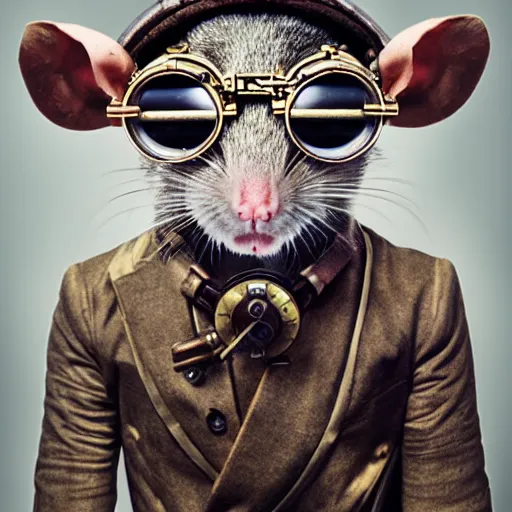 Image similar to a rat with steampunk googles, by Kirsty Mitchell