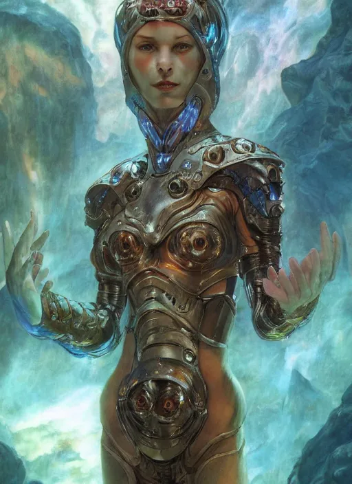 Image similar to biblical daemonic bautiful cyborg girl with glowing veins, shoulder pads, on planet jupiter, underwater photography, by gerald brom, by mikhail vrubel, by peter elson, muted colors, extreme detail, trending on artstation, 8 k