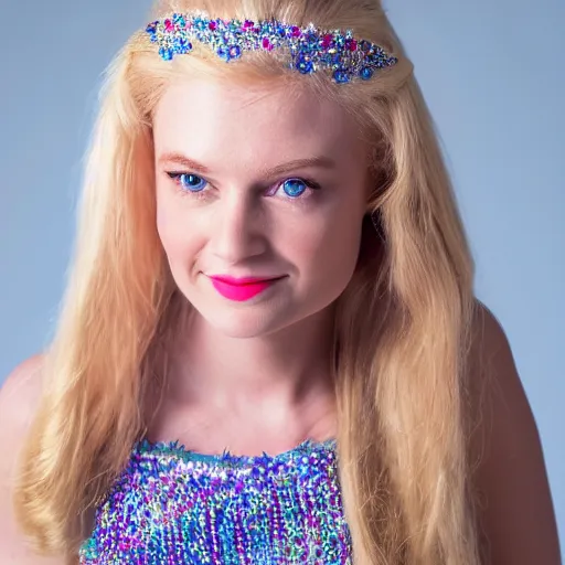 Prompt: close up headshot of a princess with long blonde hair and blue eyes wearing a strapless elaborately beaded pink dress, high resolution film still, 8k, HDR color, film by Simon Langton and David Frankel, triangular face