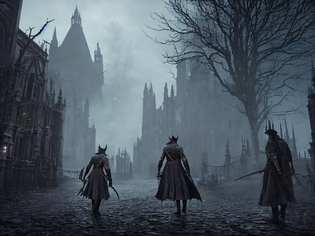 Image similar to bloodborne 2, dark, nighttime, victorian england style, horror, grotesque, serene, haunting, High Definition detail, 8K