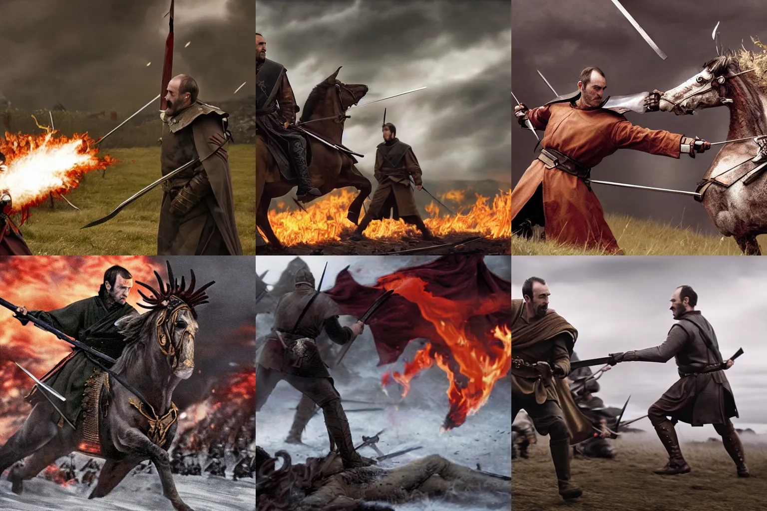 Prompt: cinematic shot of Stannis Baratheon fighting side by side with his general, beautiful, realistic artwork