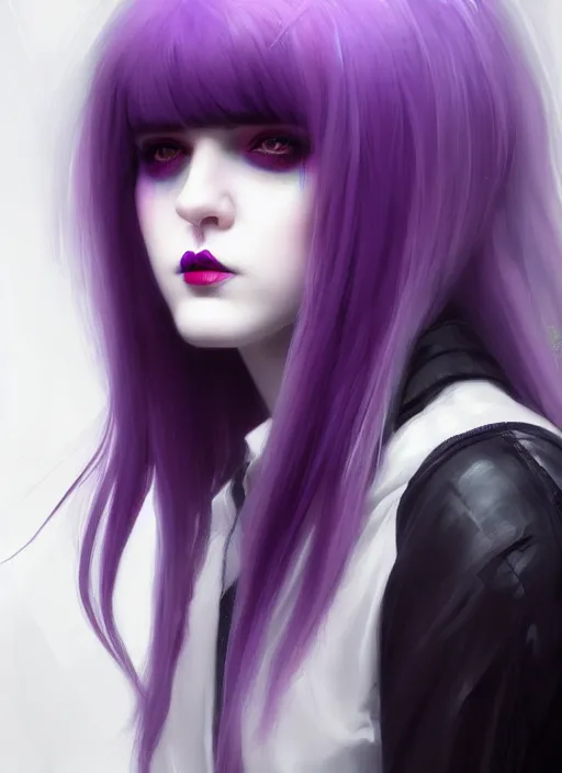 Image similar to portrait of white teenage girl, normal face, white bangs, mall goth, cyberlox, black and white hair, bangs, fluffy bangs, red contact lenses, purple lipstick, intricate, elegant, highly detailed, digital painting, artstation, concept art, sharp focus, smooth, illustration, art by wlop, mars ravelo and greg rutkowski