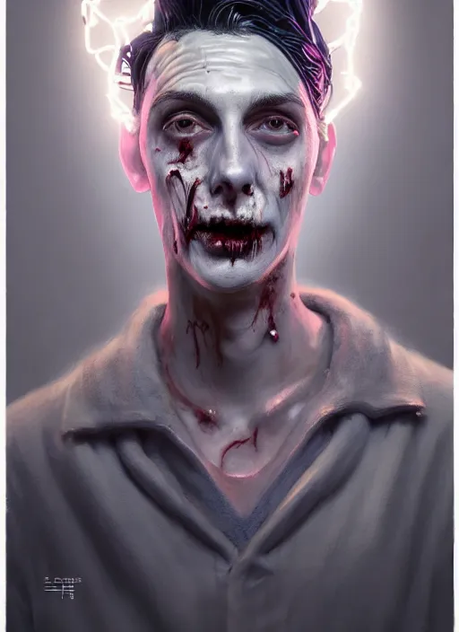 Image similar to portrait of zombie jughead jones wearing a light grey crown, photorealistic, zombie, crown, eyes closed, crown, black hair, intricate, elegant, glowing lights, highly detailed, digital painting, artstation, concept art, sharp focus, illustration, art by wlop, mars ravelo and greg rutkowski