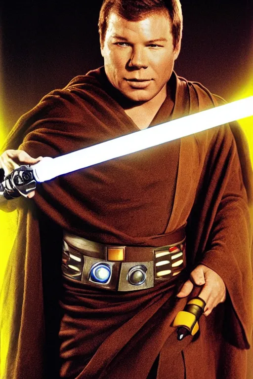 Image similar to photorealistic!! young adult william shatner as a jedi knight, brown jedi robe, holding a yellow lightsaber, film quality