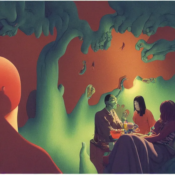 Image similar to close up portrait of a man and woman having fun with lsd and magic mushrooms by kawase hasui, moebius, Edward Hopper and James Gilleard, Zdzislaw Beksinski, Steven Outram, 8k, volumetric lighting, artstation